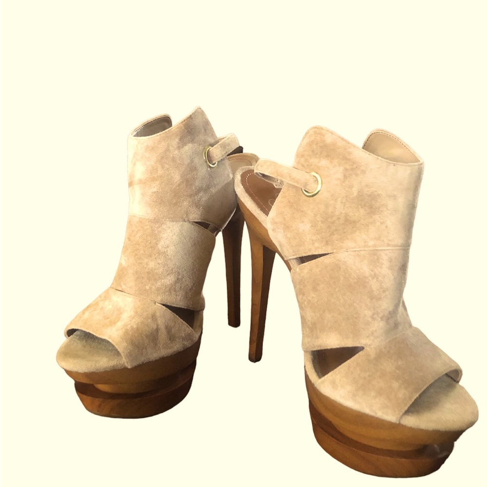 Jessica Simpson Cat Velvet Camel Suede Slingback Platform Heels